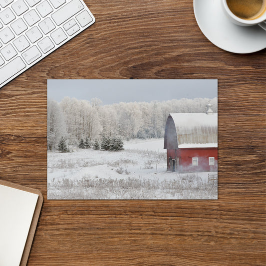 Red barn in winter - Greeting card